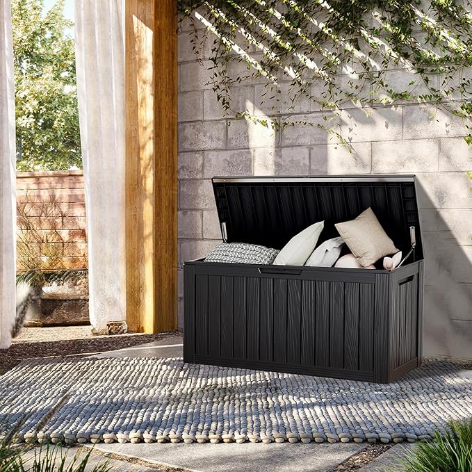 80 Gallon Lockable Resin Deck Box, Waterproof & UV-Resistant Outdoor Storage Box for Outdoor Cushion Storage, Garden Tools & Pool Accessories Storage, Black-VerdiqueGarden