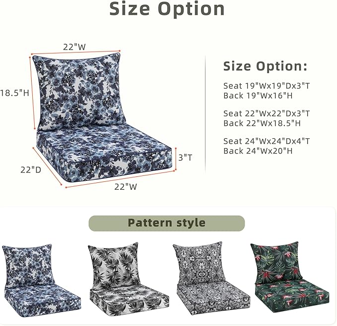 Favoyard Outdoor Seat Cushion 22 x 22 x 3 in Waterproof Pattern Fade Resistant Cover Removable Patio Furniture Cushions Deep Seat & Back Cushion Set with Adjustable Straps for Patio Chair Sofa Couch-VerdiqueGarden