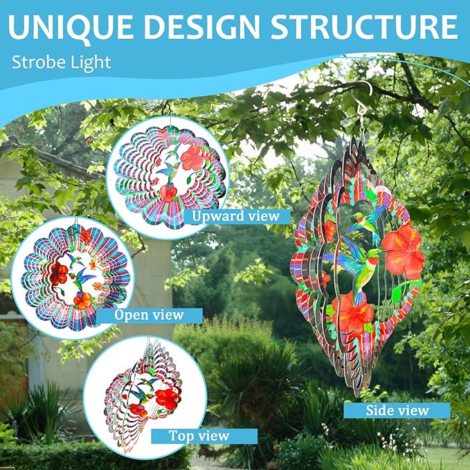 Hummingbird Wind Spinner,Hummingbird Gift for Women/Mother/Father,12In Stainless Steel 3D Wind Spinner Hanging Kinetic Yard Garden Christmas Ornaments,Outdoor & Indoor Wind Sculptures-VerdiqueGarden