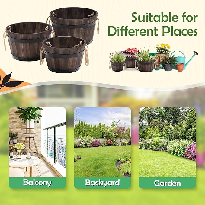IDZO Set of 3 Wooden Flower Boxes Outdoor, Durable Acacia Wood Barrel Planters for Outdoor Plants with Ergonomic Handles, Drainage Holes, Multiple Sizes Wood Bucket Planter for Home Décor-VerdiqueGarden