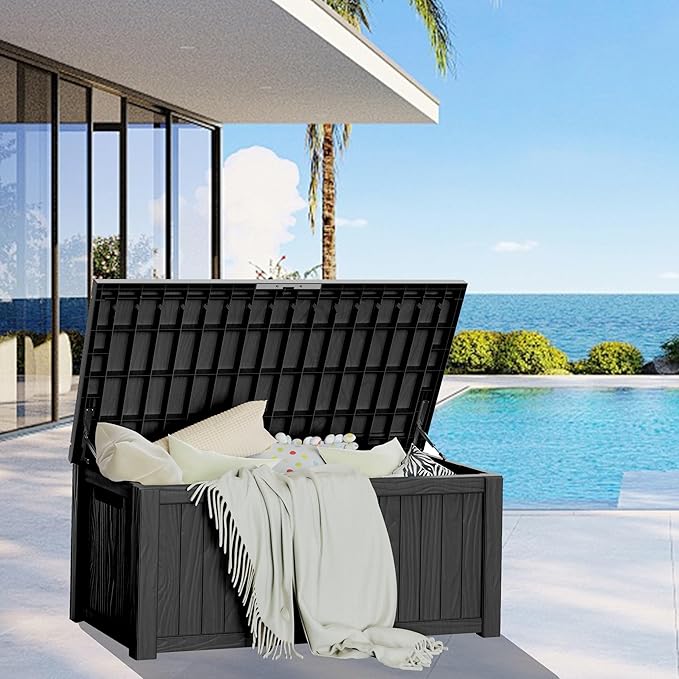 Extra-Large 150 Gallon Outdoor Chest Storage Waterproof - Outside Storage Box & Bench, Resin Deck Chest for Patio/Pool, Lockable UV-Resistant, Onyx Black-VerdiqueGarden