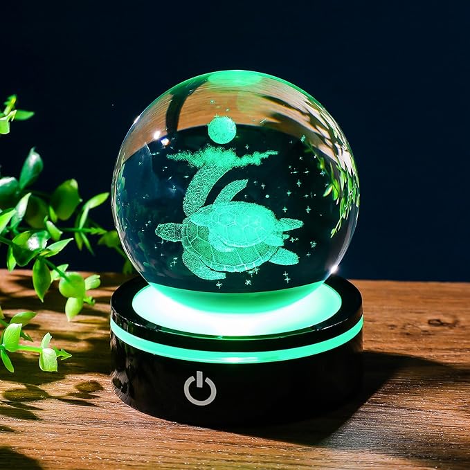YWHL 3D Sea Turtle Crystal Ball Figurine with LED Base Laser Sea Turtle Gifts for Women Men on Christmas Birthday Decorative Turtle Ball Sea Turtle Glass Globe Night Light for Home Decor (80mm)-VerdiqueGarden