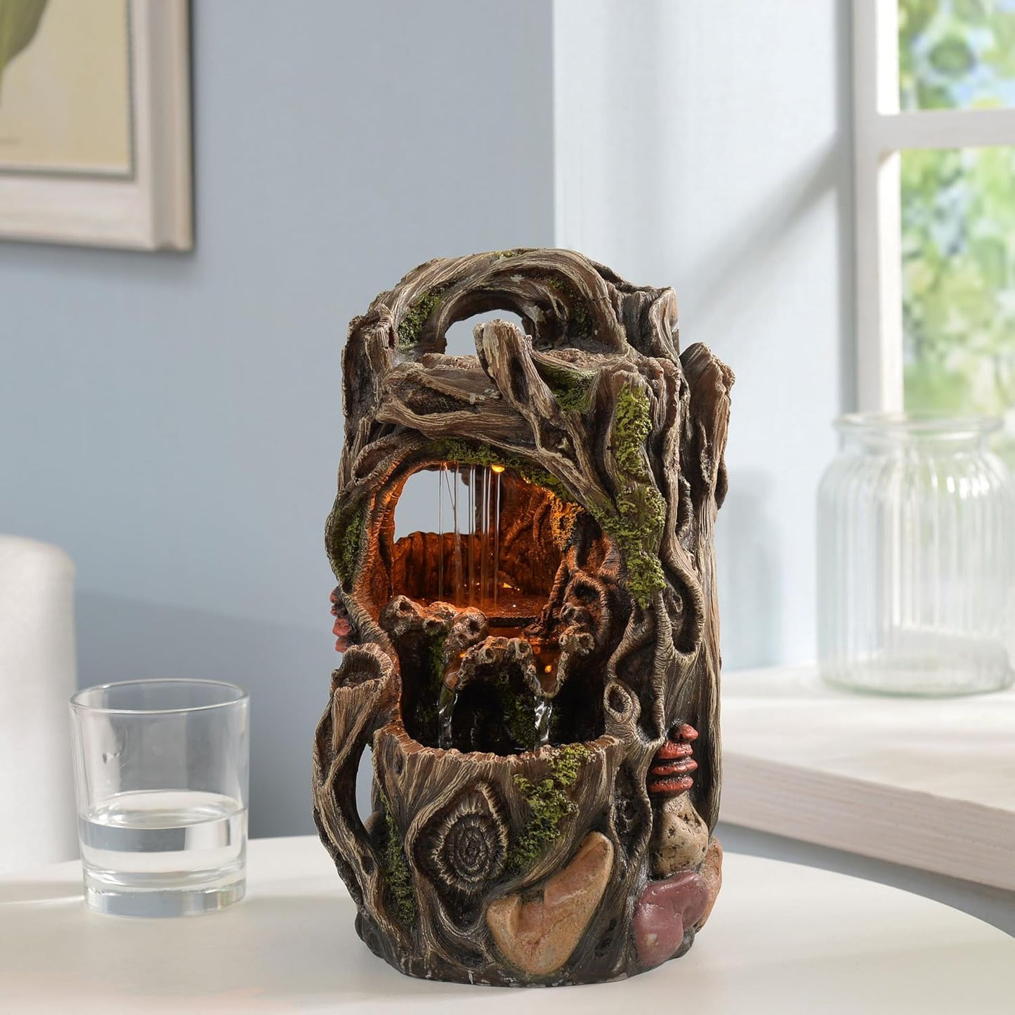 Tabletop Water Fountain, Home Décor Soothing Sound Machine with Automatic Pump, Nature Tree Stump Resin and for Indoor Zen Relaxation for Office, Living Room, or Bedroom Décor-VerdiqueGarden