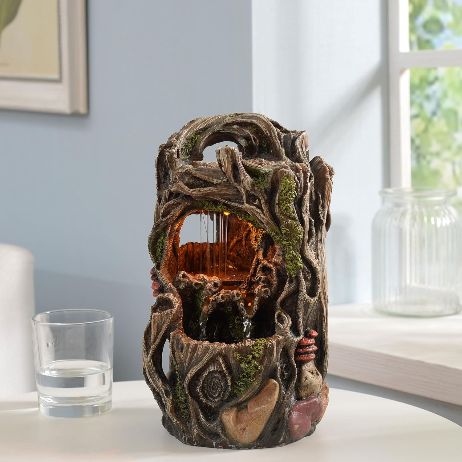 Tabletop Water Fountain, Home Décor Soothing Sound Machine with Automatic Pump, Nature Tree Stump Resin and for Indoor Zen Relaxation for Office, Living Room, or Bedroom Décor-VerdiqueGarden