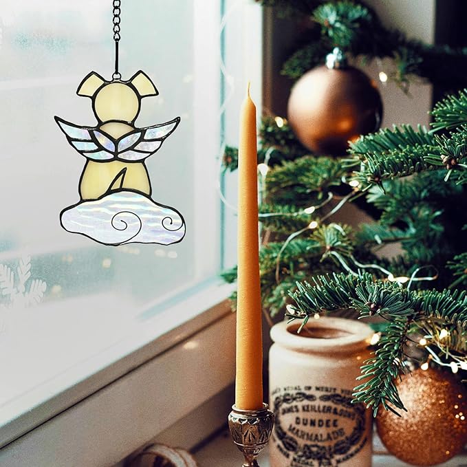 Stained Glass Angel Wings Dog Memorial Gifts for Loss of Dog Sympathy Gift Suncatcher, Rainbow Bridge Pet Passing Away Remembrance in Memory, Dog Bereavement Gifts for Loss of Pet,Yellow-VerdiqueGarden