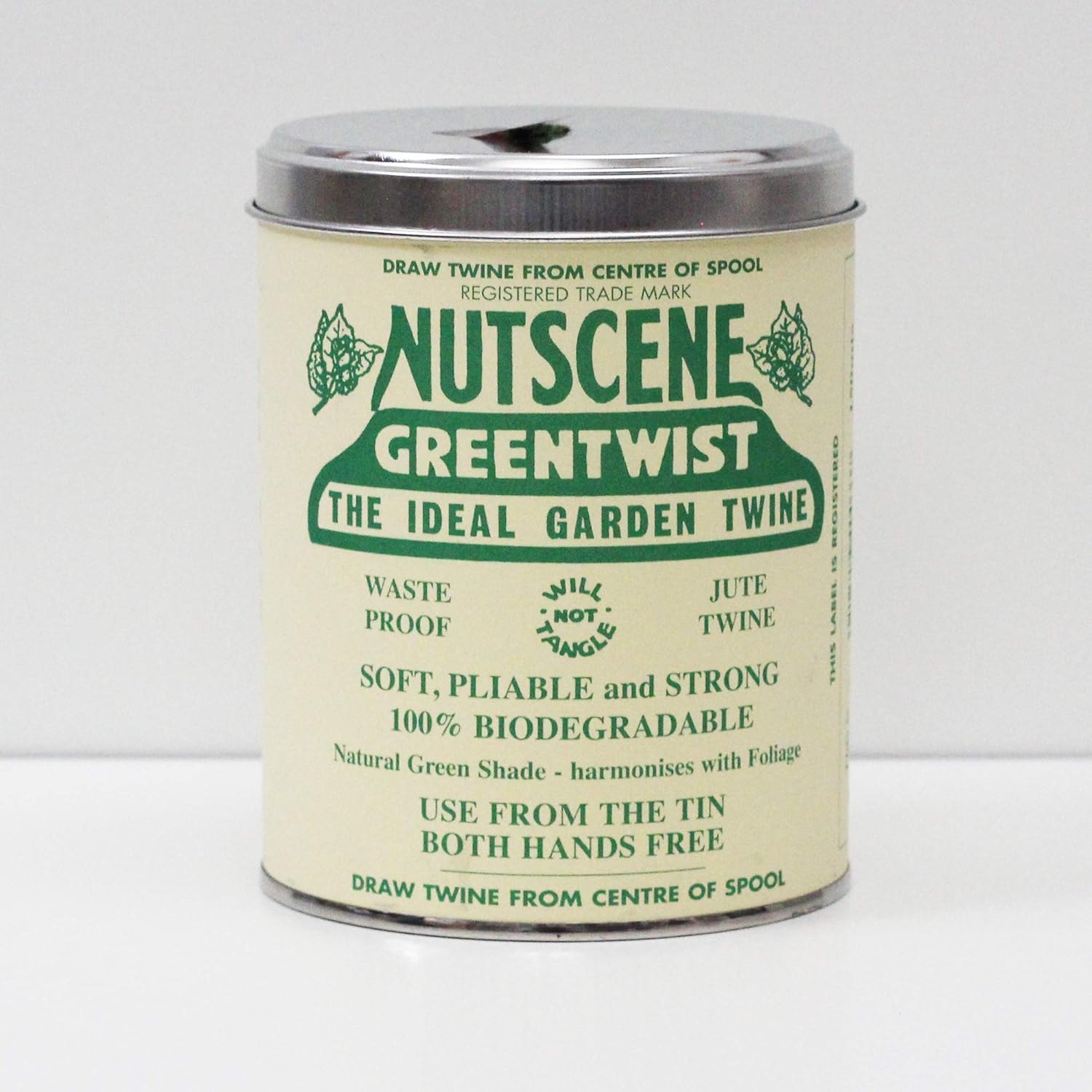 NUTSCENE Iconic Tin (Tin ‘O’ Twine) with Their Heritage Scottish Jute Twine and Hole in Top for Easy Dispensing. 14 Colors to Choose from. 164 Yards. (Green)-VerdiqueGarden