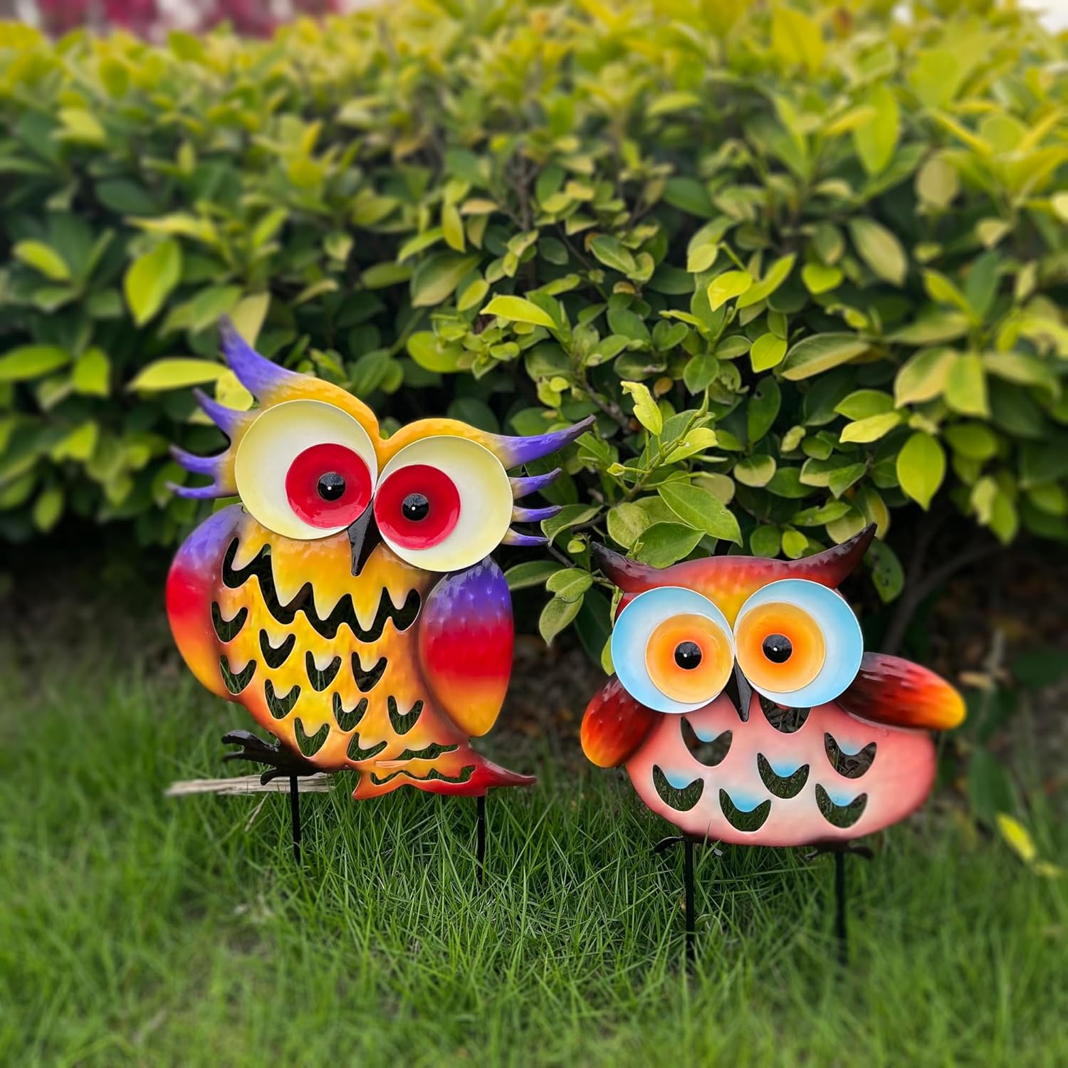 Pack of 2 Metal Fresh Color Owl Garden Statues Silhouette Couple Stakes Decorative Outdoor Animal Sculptures for Yard Décor and Lawn Ornaments-VerdiqueGarden