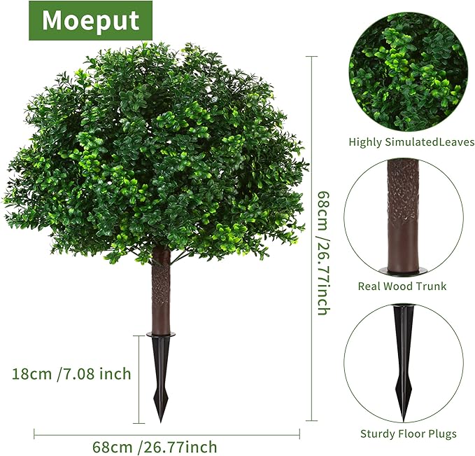 Artificial Boxwood Topiary Ball Trees, Set of 2 Artificial Boxwood Ball Bush Artificial Shrub Bushes UV Resistance Rated with Spike Fake Outdoor Plant for Front Door Decor, Home Decor, Garden-VerdiqueGarden