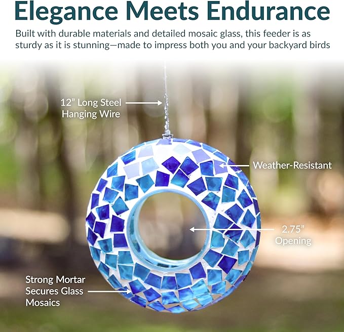 Sunnydaze 6-Inch Glass Mosaic Hanging Bird Feeder for Outdoors - Fly-Through Wild Bird Feeder - Blue Mosaic-VerdiqueGarden