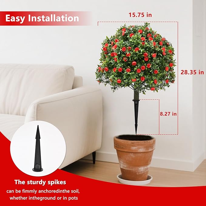 28" Artificial Boxwood Topiary Tree with Rose, Set of 2 Artificial Shrub Bushes with Ground Spike, Fake Evergreen Tree for Porch, Artificial Plants for Outdoor Planters Indoor UV Resistant-VerdiqueGarden