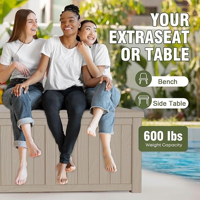 150 Gallon Resin Deck Box, Waterproof Outdoor Storage Bin for Patio Furniture, Pool Accessories, and Garden Tools, Lockable & UV-Resistant, Grey-VerdiqueGarden