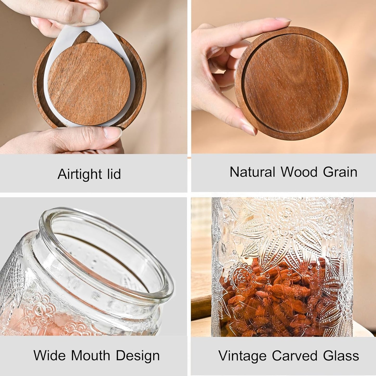 3-Pack 32oz Vintage Glass Jar With Lid, Glass Storage Containers, Airtight Kitchen Storage Containers For Sugar, Coffee, Tea, Spice, Flour, Candy Cookie, Pasta, Cereal-VerdiqueGarden