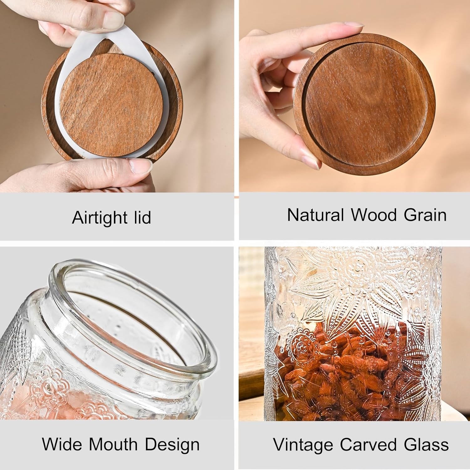 24oz Vintage Glass Canister With Lid Small Glass Jars Wide Mouth Mason Jars Airtight Coffee Canisters Kitchen Storage Containers For Sugar Tea Spice Flour Candy Cookie Cereal Cute Decorative-VerdiqueGarden