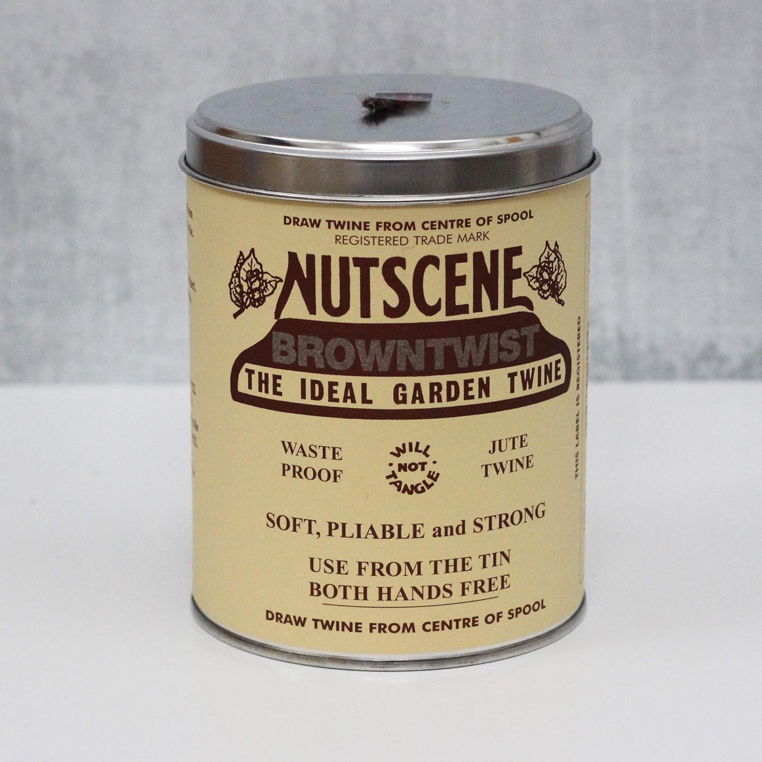 NUTSCENE Iconic Tin (Tin ‘O’ Twine) with Their Heritage Scottish Jute Twine and Hole in Top for Easy Dispensing. 14 Colors to Choose from. 164 Yards. (Brown)-VerdiqueGarden