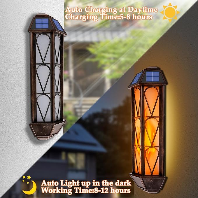 Solar Flame Lights Outdoor, Upgraded 74 LED Flickering Flame Lights, Solar Powered Auto On/Off, Outdoor Waterproof Wall Lanterns for House Garage Doorway Garden Porch Patio Yard Decoration (2 Pack)-VerdiqueGarden