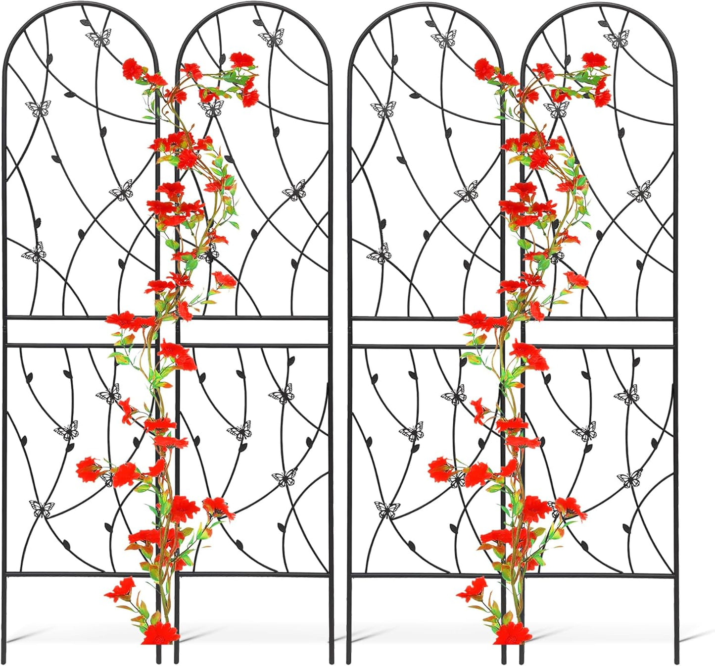 4 Pack Metal Garden Trellis 86.7" Tall Outdoor Climbing Plant Support for Roses, Flowers, Rustproof Durable Black Galvanized Tube, Lawn Garden Fence Decor Screen (4, Black flutter-86.7" H)-VerdiqueGarden