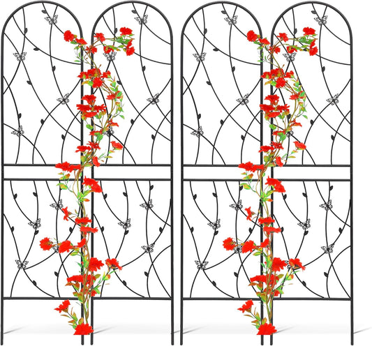 4 Pack Metal Garden Trellis 86.7" Tall Outdoor Climbing Plant Support for Roses, Flowers, Rustproof Durable Black Galvanized Tube, Lawn Garden Fence Decor Screen (4, Black flutter-86.7" H)-VerdiqueGarden