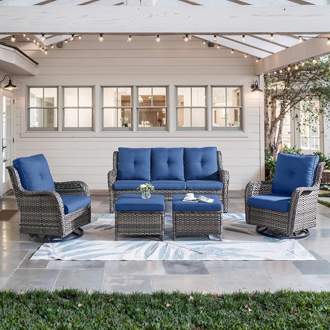 5 Piece Outdoor Patio Furniture Set - Wicker Furniture Patio Conversation Set, Outdoor Swivel Rocker Chairs with 3-Seater Sofa and 2 Ottomans for Small Space, Blue Cushion-VerdiqueGarden