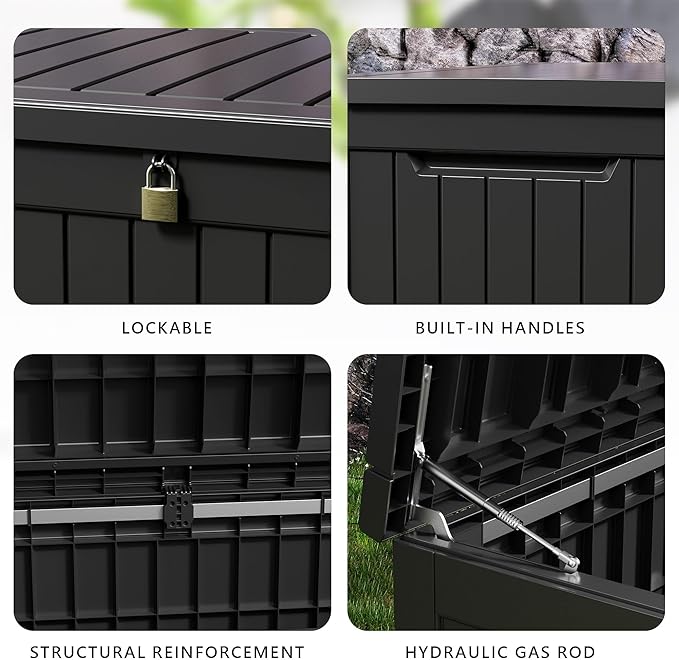 DRATO 230 Gallon Deck Box, Outdoor Large Waterproof Resin Storage Box with Lockable Lid for Patio Cushions, Gardening Tools, Sports Equipment, Black-VerdiqueGarden