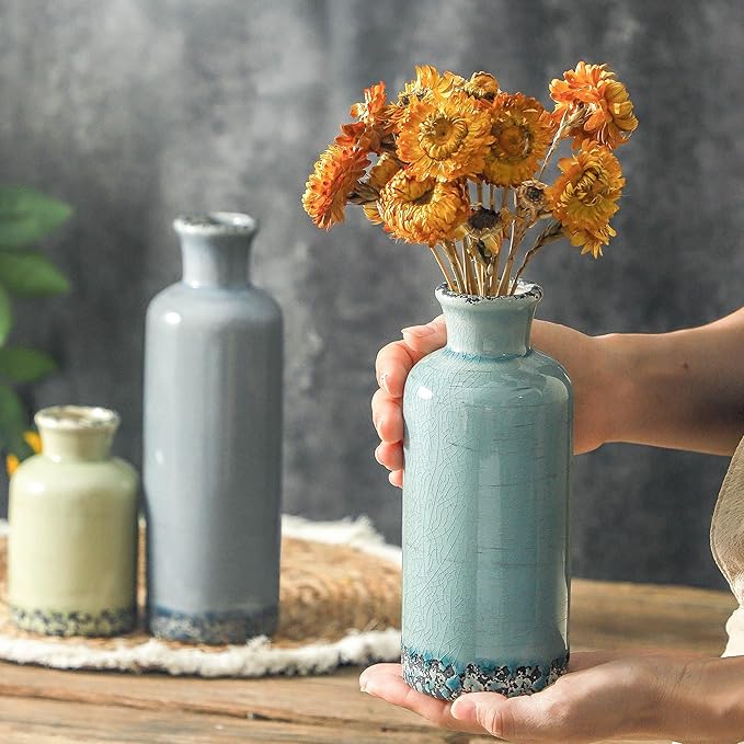 Flower Vase Set of 3, Ceramic Neutral Vases Home Decor, Pottery Rustic Farmhouse Decorative Vases Modern Decor for Table Mantel Entryway Bookshelf Living Room Kitchen Bedroom - Multicolor-VerdiqueGarden