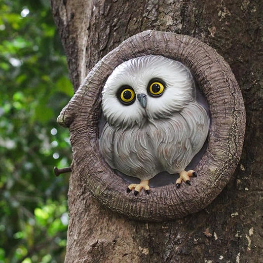 Baby Owl Resin Tree Face, Owlet Tree Hugger, Outdoor Sculpture for Tree Decorations, Whimsical Owl Garden Ornament, Tree Statue Peeker, Patio Yard Lawn Porch Decor, Durable & Waterproof Garden Present-VerdiqueGarden