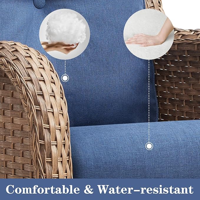 Wicker Outdoor Furniture Patio Furniture Set - 6 Piece Patio Conversation Set with Swivel Rocker Chairs, Rattan Sofa, Ottomans and Coffee Table, Blue Cushion-VerdiqueGarden