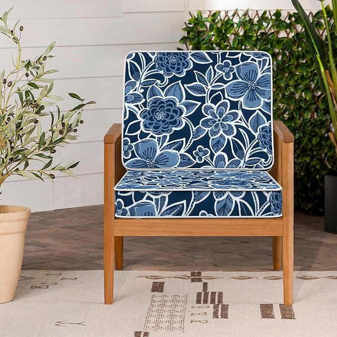 LVTXIII Patio Chair Cushions 22"x22"x3", Water-Repellent Outdoor Seat Cushions for Patio Furniture, Square Chair Pads with Ties for Home Garden Decoration, Set of 2, Flower Navy-VerdiqueGarden