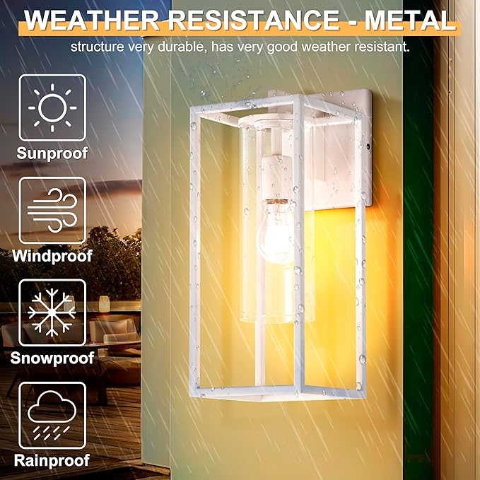 15.7 Inch Outdoor Wall Lights, Outdoor Wall Lantern with Circular Clear Glass Shade, Waterproof Exterior Lighting Fixtures, Modern Front Porch Lighting for House, Garage, E26 Base, ETL Listed, White-VerdiqueGarden