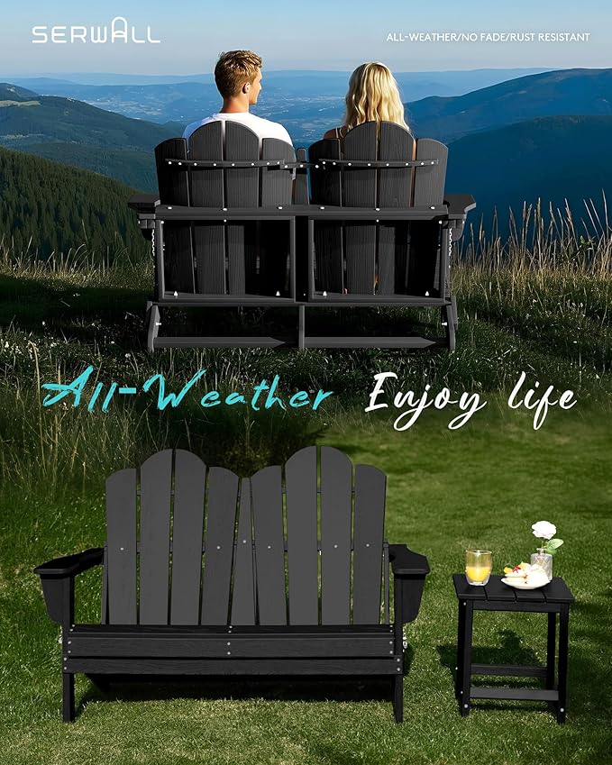 SERWALL 2 Person Adirondack Loveseat, HDPE All-Weather Folding Adirondack Bench Chair, Outdoor Adirondack Chair Set of 4, Black-VerdiqueGarden