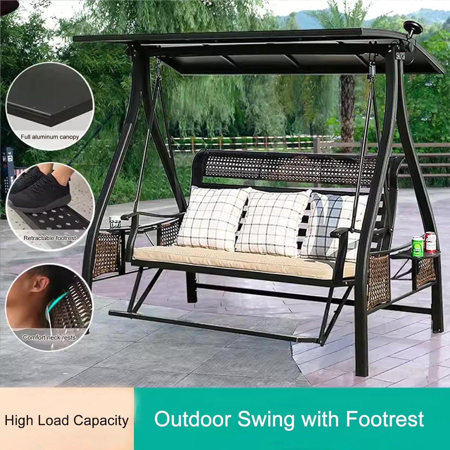 2/3-Seat Outdoor Patio Porch Swing with Adjustable Aluminum Alloy Canopy Solar Patio Swing Chair Bench with Footrest Side Cup Holder for Backyard Lawn (Himalaya-3 Seat)-VerdiqueGarden