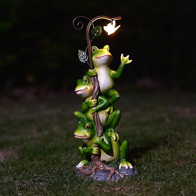 Frog Figurine Garden Decor, Solar Resin Frogs Outdoor Statue, Funny Frog Gift Sculpture Decoration for Home Patio Yard Lawn Porch Ornament-VerdiqueGarden