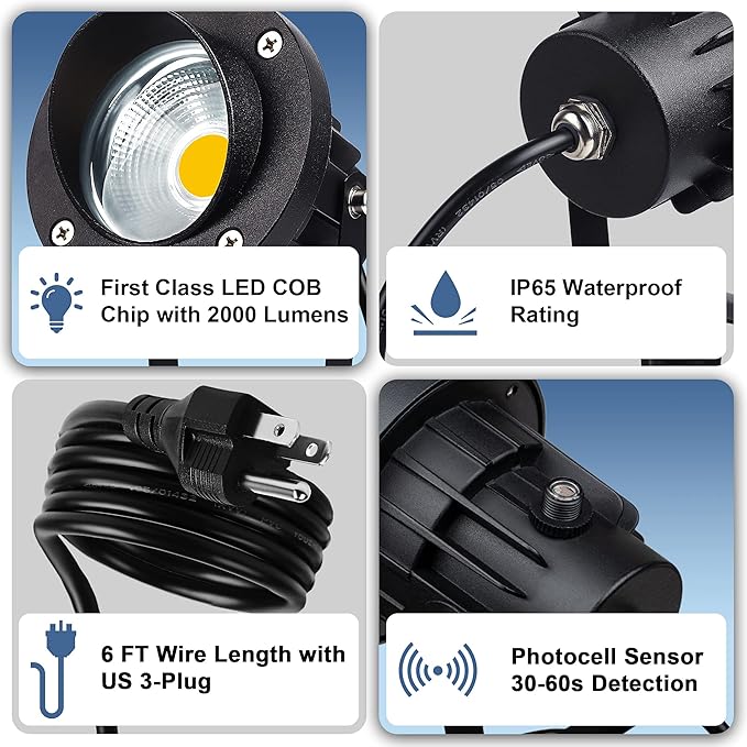 SUNVIE 20W Outdoor Landscape Spotlights 120V Waterproof Dusk to Dawn Spot Lights Outdoor 3000K LED Spotlight with Photocell Sensor Landscape Lighting for Yard Flag Tree Garden Decor 6 FT US 3-Plug in-VerdiqueGarden