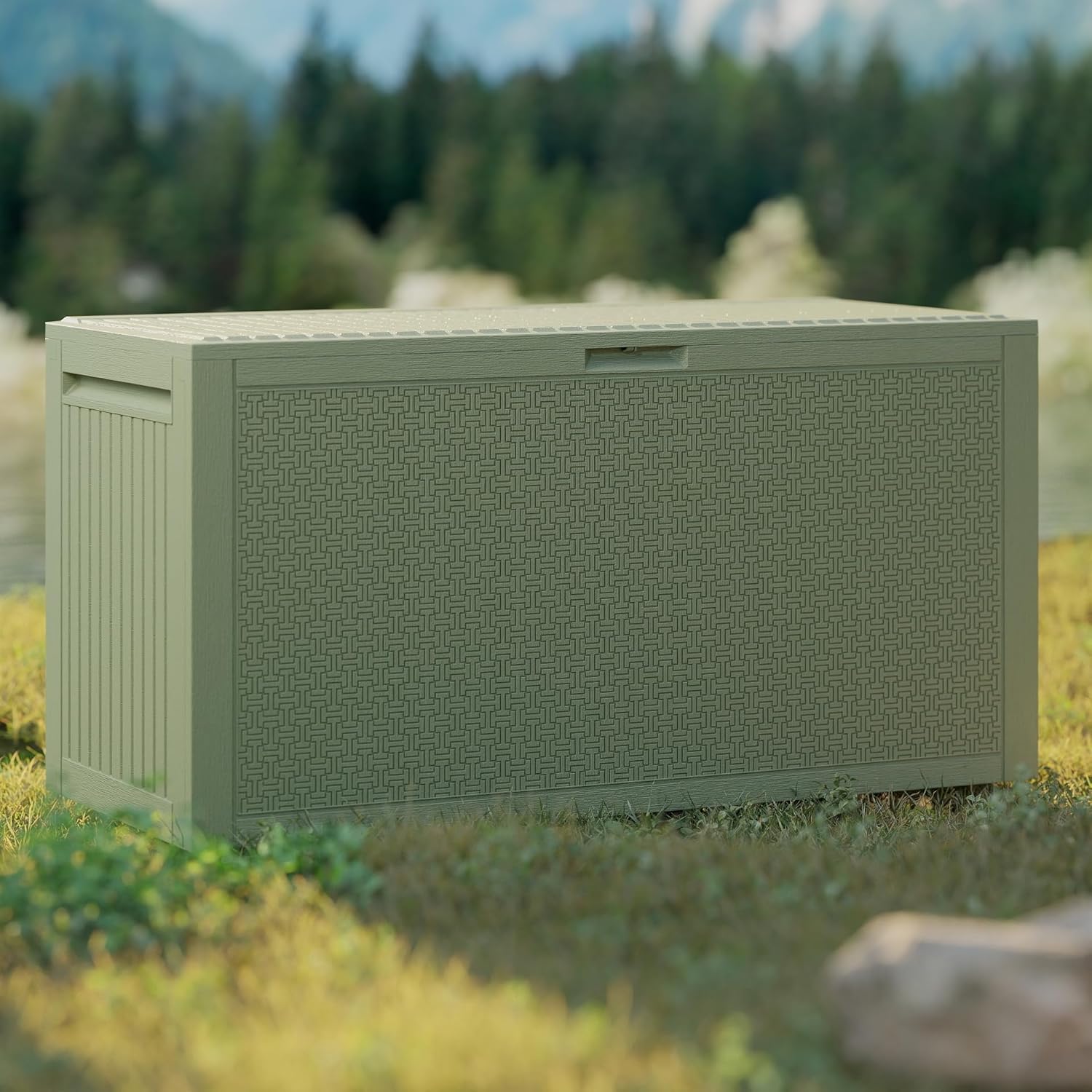 90 Gallon Outdoor Storage Box, Lockable Outside Storage Box Waterproof, Patio Cushions Deck Storage Boxes, Rattan Plastic Garden Hose Containers Resin Pool Storage Bins with lids, Sage Green-VerdiqueGarden