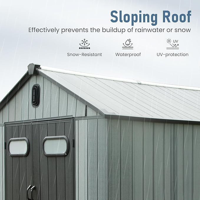 Domi 8x10 FT Outdoor Resin Storage Shed, All-Weather Double-Wall Garden Shed for Backyard, Lawn Tools, Bike, Mower & Pool Equipment with Lockable Doors, Ventilated Roof, Grey-VerdiqueGarden