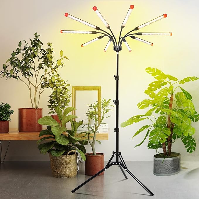10-Head Grow Lights for Indoor Plants with Stand 90W, LED Plant Grow Light for Tall Houseplants, Bonsai Tree, Full Spectrum Growing Lamp with 4,8,12 Hr Timer, 24"-64" Adjustable Height-VerdiqueGarden