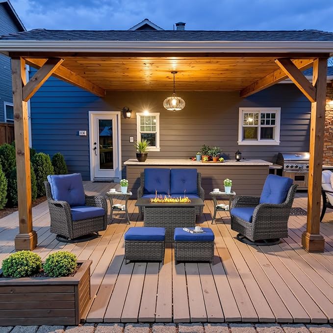 8 Piece Outdoor Patio Furniture Set - 41" CSA Propane Fire Pit Table Patio Conversation Set with Swivel Rocker Outdoor Chairs, Wicker loveseat and Ottoman for Outside Casual Gathering-VerdiqueGarden