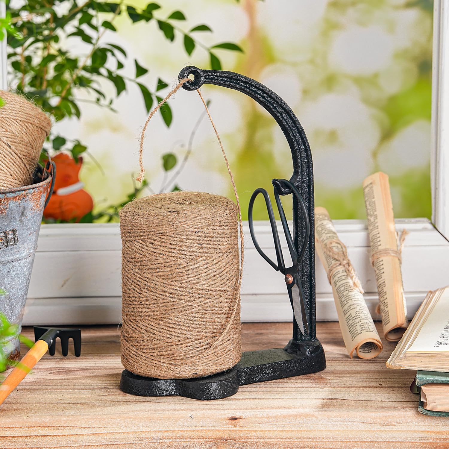 Sungmor Cast Iron Garden Twine Holder Set - 1300ft. Natural Jute Twine String & Rope Rack & Scissors - Decorative & Practical Home Arts Crafts Tools for Picture Display Gift Wrapping Packing Gardening-VerdiqueGarden