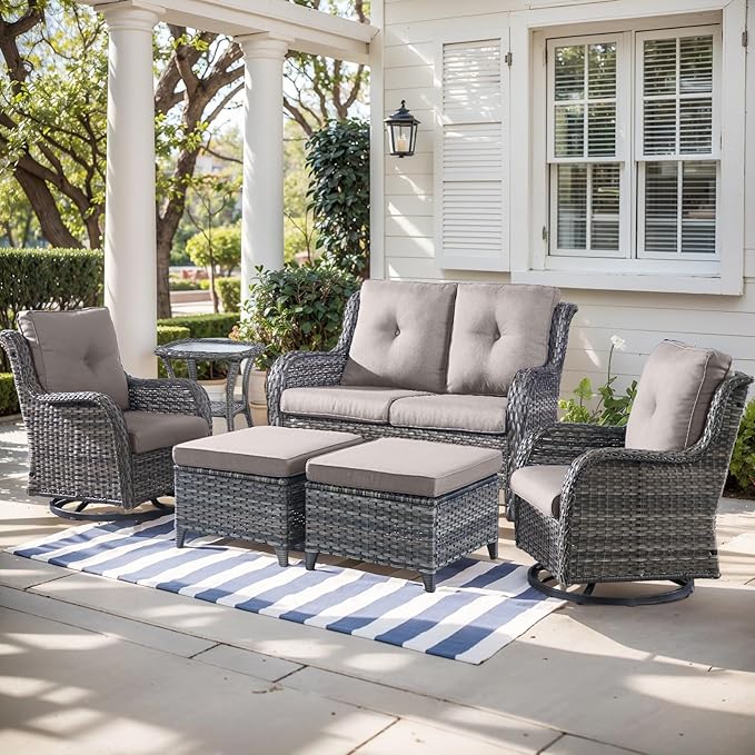 Outdoor Wicker Patio Furniture Set - 6 Piece Rattan Patio Conversation Set with 2 Rocking Swivel Chairs,2 Ottomans,1 Loveseat and 1 Side Table for Porch Deck Backyard Garden(Mixed Grey/Grey)-VerdiqueGarden