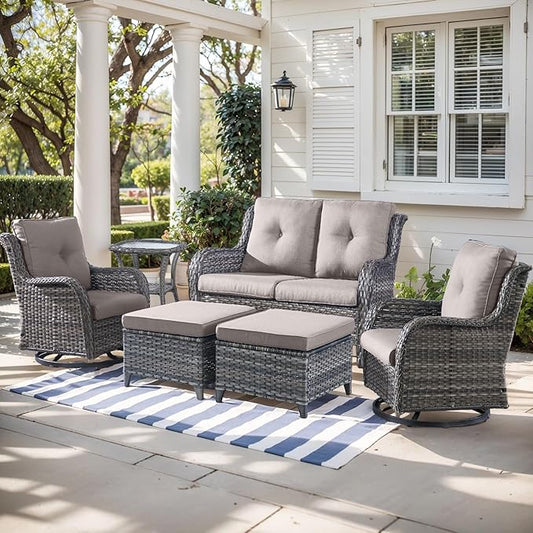 Outdoor Wicker Patio Furniture Set - 6 Piece Rattan Patio Conversation Set with 2 Rocking Swivel Chairs,2 Ottomans,1 Loveseat and 1 Side Table for Porch Deck Backyard Garden(Mixed Grey/Grey)-VerdiqueGarden