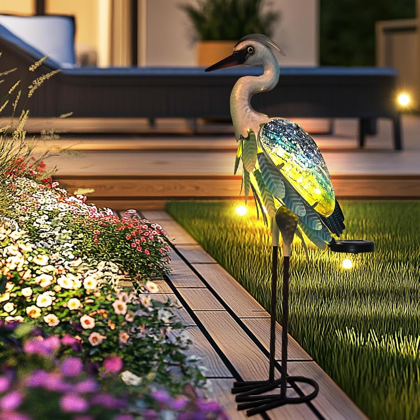 HONGLAND Solar Heron Metal Crane Statue Garden Heron Sculpture, Glass Outdoor Crane Yard Art Coastal Ocean Bird Decor 24 Inch Lawn Ornament for Backyard Porch Patio Decor（Green）-VerdiqueGarden