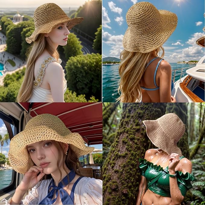 Womens Straw Beach Sun Hats, Foldable Packable Floppy Handmade Crochet Hats for Women,Large Summer Vacation Wide Brim Hat-VerdiqueGarden