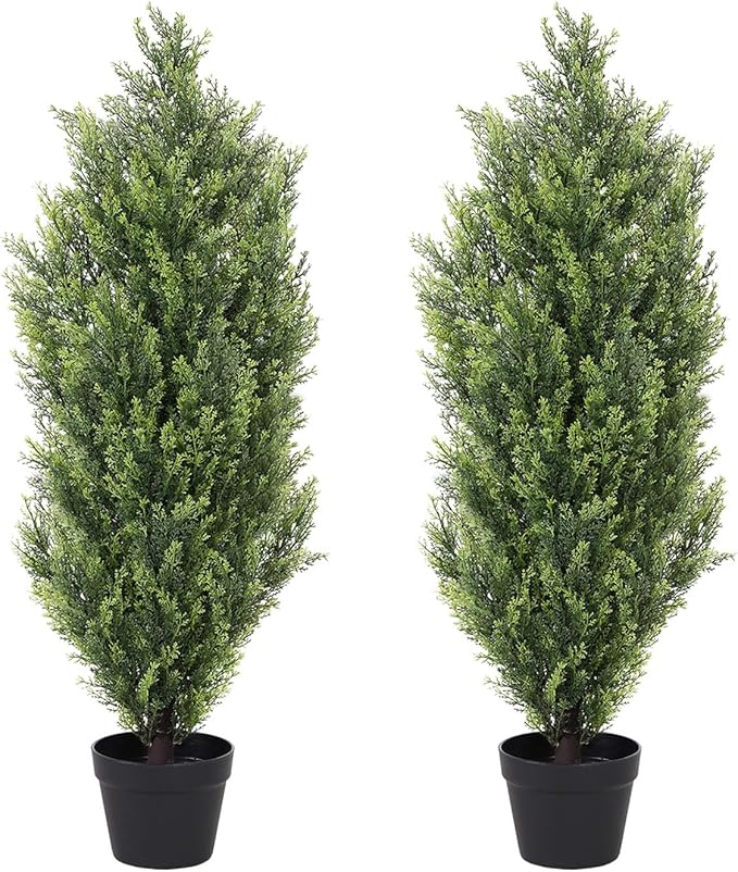 THE BLOOM TIMES 3ft Topiary Trees Artificial Outdoor 2 Pack – UV Resistant Faux Cedar Pine Cypress Bushes and Shrubs, Fake Potted Plants for Front Porch Outside Planter Patio Decor, Set of 2 (3 Foot)-VerdiqueGarden
