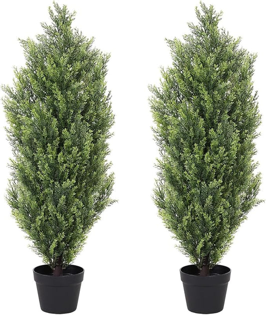 THE BLOOM TIMES 3ft Topiary Trees Artificial Outdoor 2 Pack – UV Resistant Faux Cedar Pine Cypress Bushes and Shrubs, Fake Potted Plants for Front Porch Outside Planter Patio Decor, Set of 2 (3 Foot)-VerdiqueGarden