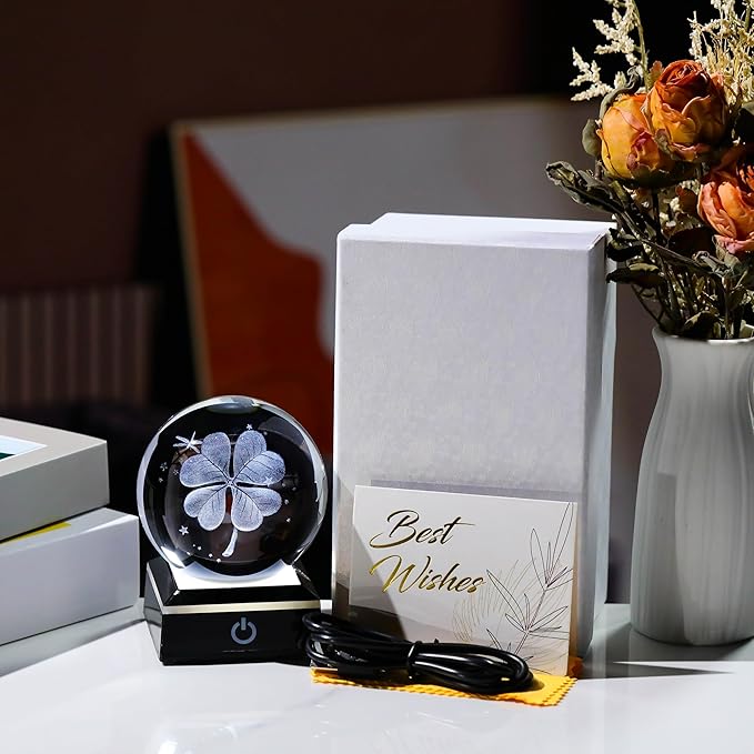 Qianwei 3D Four Leaf Clover 80mm Crystal Ball Good Luck Gifts Ideas with Multicolor Lighting Base - Irish Gifts for Women Decor 4 Leaf Clover-VerdiqueGarden