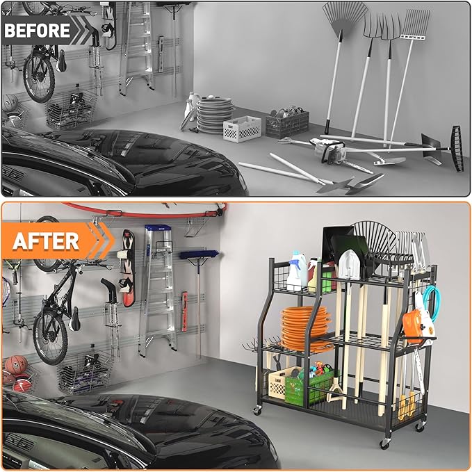 TORACK Garden Tool Organizer with Wheels, Rakes Shovels Yard Tools Stand for Garage, Shed, Garden, Indoor/Outdoor Long-Handled Tools Cart-VerdiqueGarden