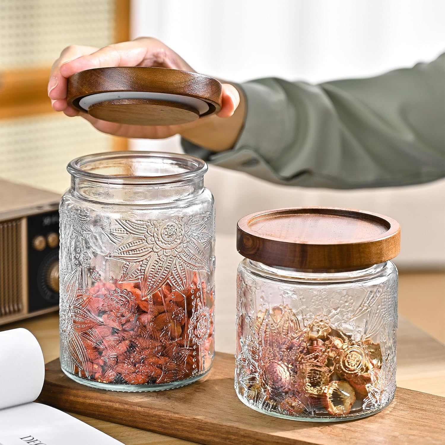 24oz Vintage Glass Canister With Lid Small Glass Jars Wide Mouth Mason Jars Airtight Coffee Canisters Kitchen Storage Containers For Sugar Tea Spice Flour Candy Cookie Cereal Cute Decorative-VerdiqueGarden