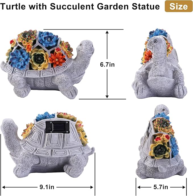Solar Garden Statues Turtle with Succulent and 6 LED Lights, 9.1" L x 5.7" W x 6.7" H Outdoor Solar Decor, Turtle Garden Figurines for Lawn, Balcony, Yard Decoration, Gifts for Mom Wife-VerdiqueGarden