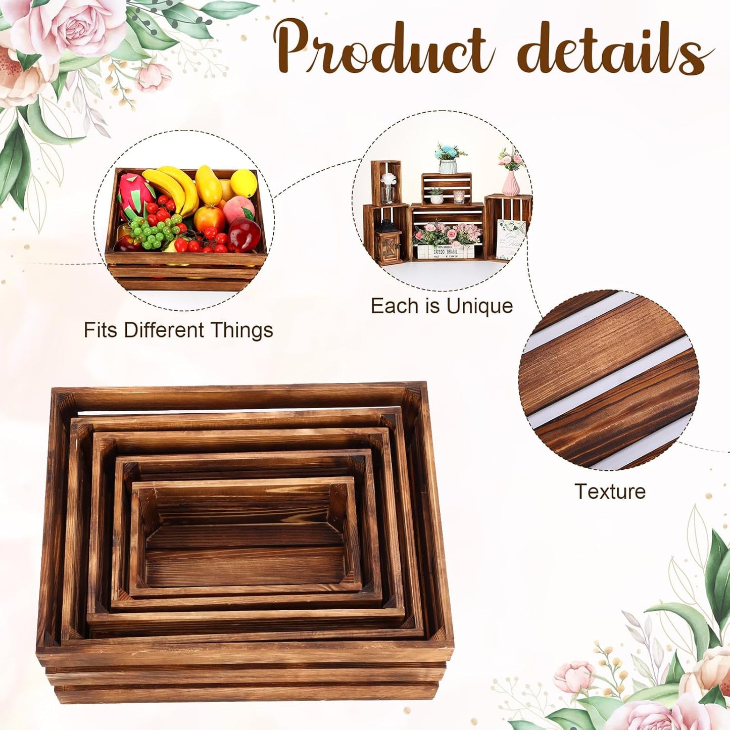 Soaoo 5 Pcs Decorative Nesting Wooden Crates for Storage Display 5 Size Large Small Rustic Wood Decorative Storage Crates with Handle Farmhouse Crate Box Container Made from Pine(Vintage Brown)-VerdiqueGarden