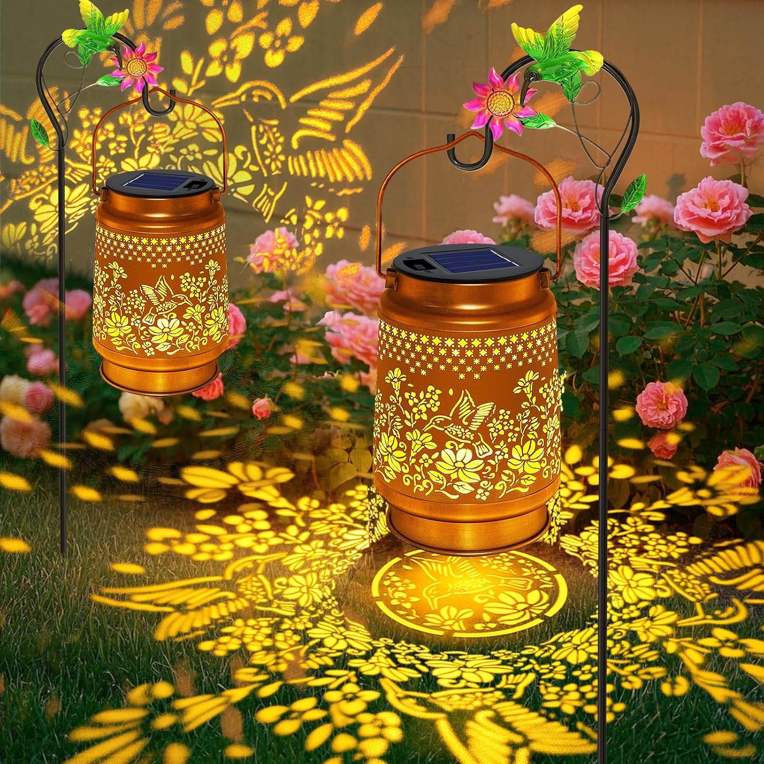 2 Pack Solar Lanterns Outdoor Hummingbird Garden Decor, Birthday Gifts for Mom Women Grandma Waterproof Metal Hanging Solar Lights with Shepherd Hook LED Decorative Outside for Yard Porch Lawn Patio-VerdiqueGarden