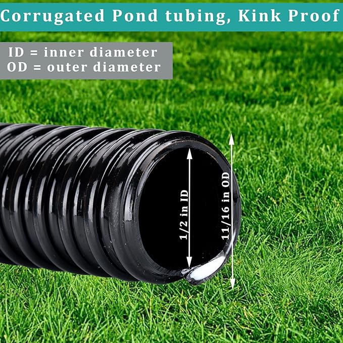 Pond Hose ID 1/2” × 50ft Black Corrugated Flexible Reinforced PVC Hose Vinyl Tubing for Pond Pump Fountain Garden Waterfall, Non-toxic & Kinkproof, with 2 clamps-VerdiqueGarden